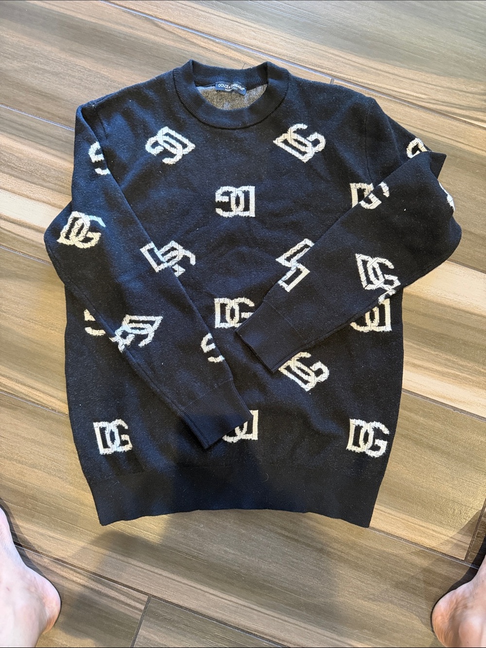 Dolce & Gabbana Black Crewneck Sweater with White Logo Jacquard